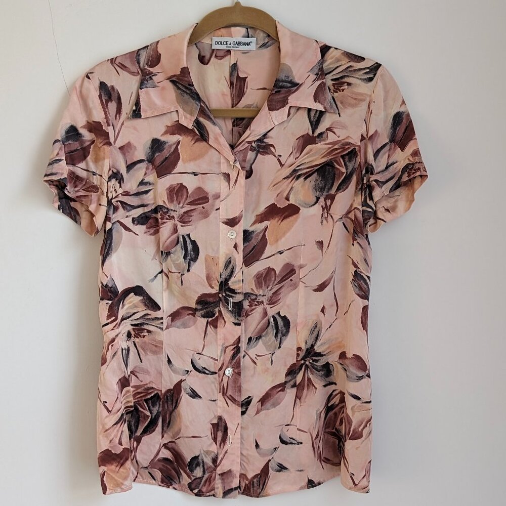 Vintage Dolce and Gabbana Women's Hawaiian Floral Print 100% Silk blouse-Size 46